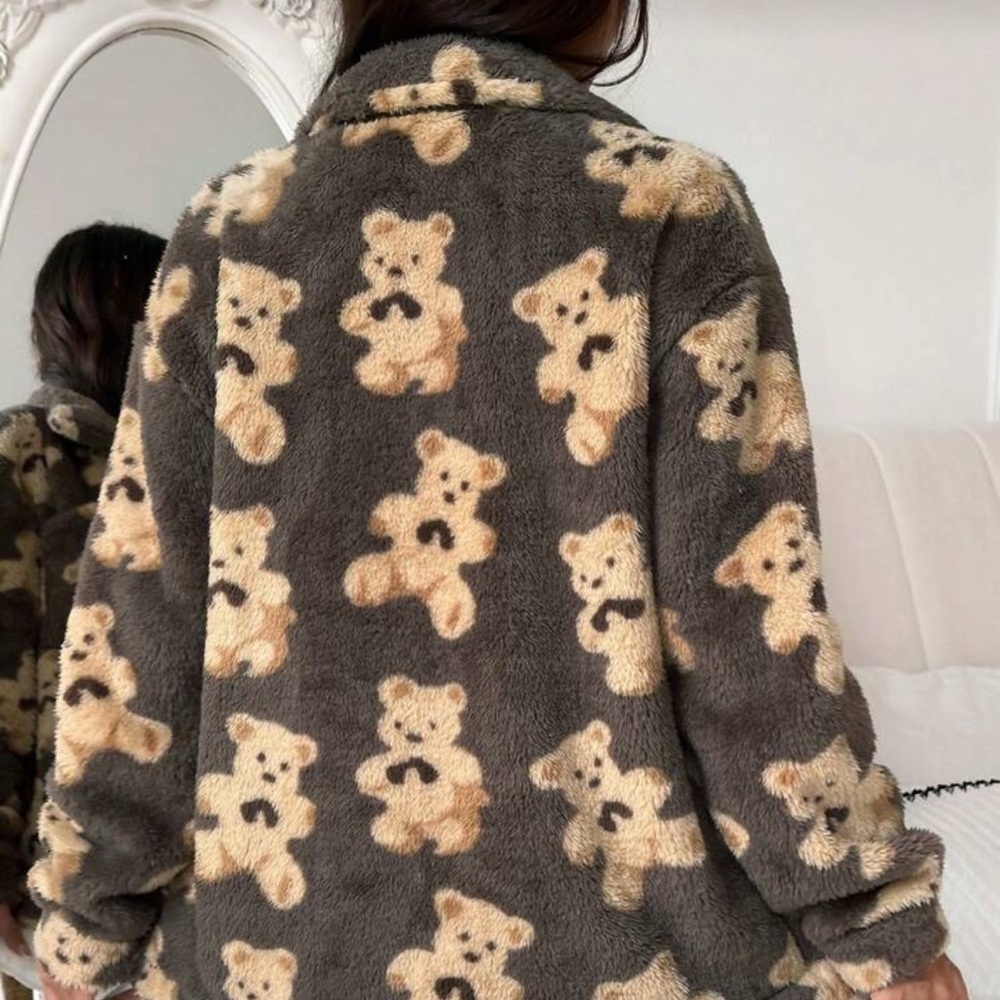 Gorgeous Large Brown Teddy Print Furry Button Down Collared Sweater PC 🖤 - Picture 11 of 16